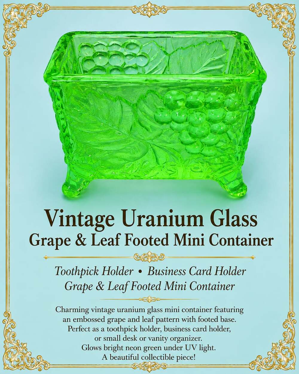 Vintage Boyd Glass Uranium Vaseline Glass Grape and Leaf Pattern Toothpick or Bu